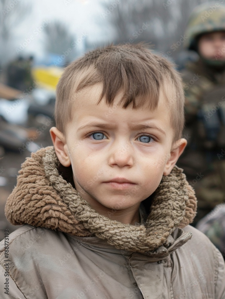 A young boy in a brown jacket standing next to another soldier. AI. A young boy in a brown jacket standing next to another soldier. AI.