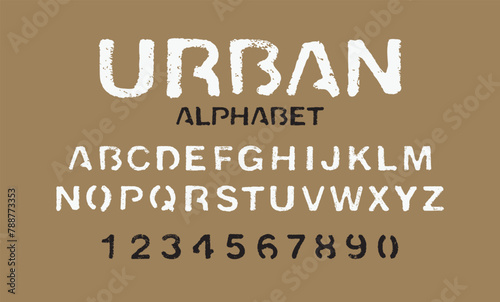 set of letters and numbers of the latin alphabet. Font urban stencil with in grunge style