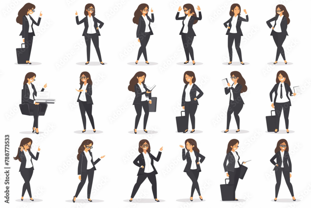 Businesswoman character set. Business woman or office worker in different poses, actions and gestures. Manager thinks, rejoices in success, puts together a puzzle vector icon, white background, black 