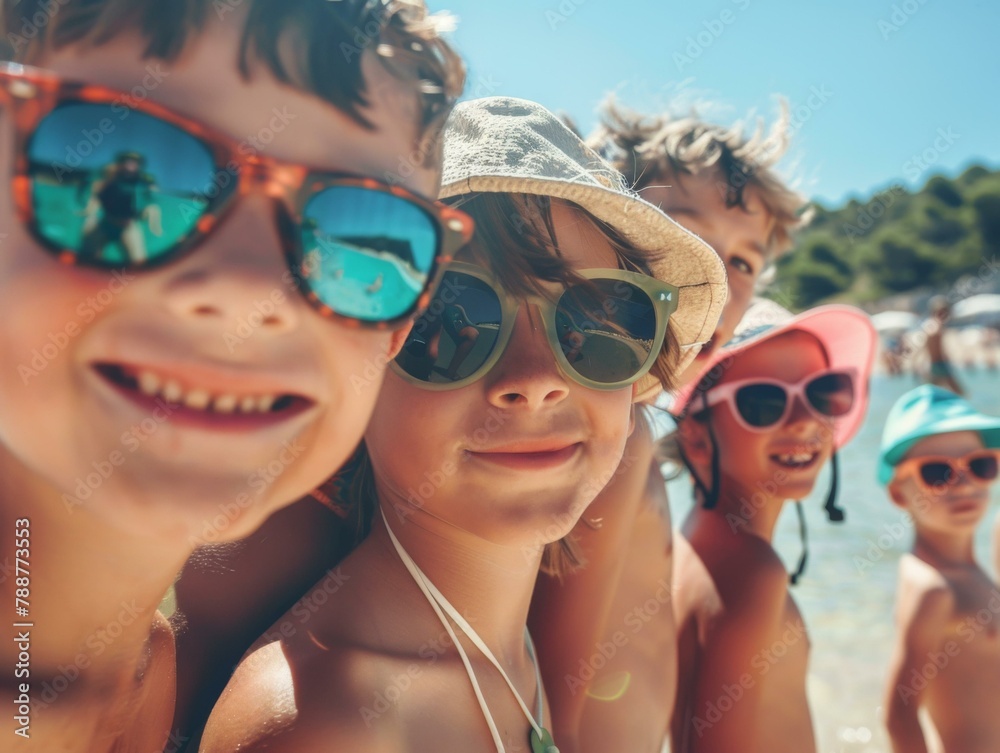 A group of children wearing sunglasses and hats on the beach. Generative AI.