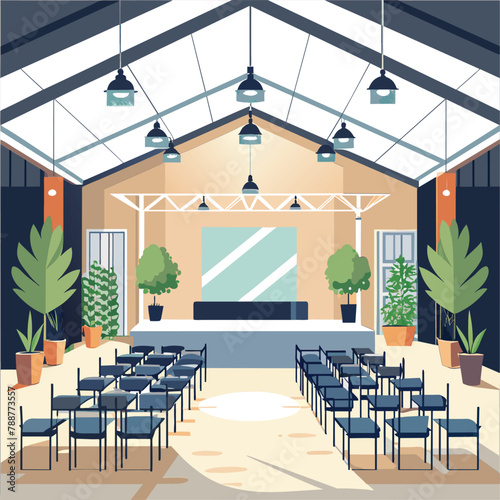 Room filled with numerous chairs and lush green plants in an industrial event space with a minimalist design An industrial-style event space featuring minimalist decor and ample natural light