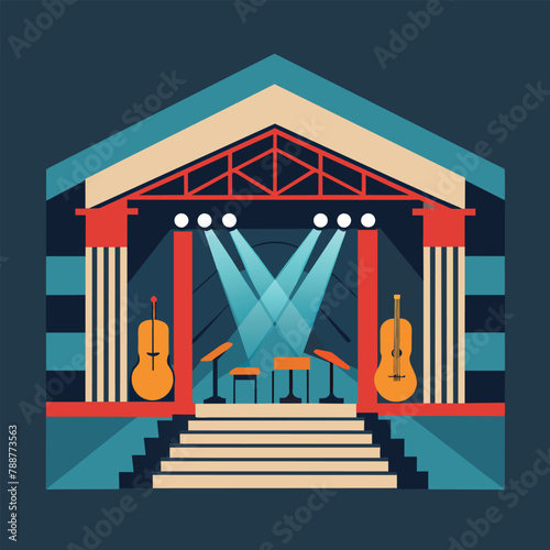 A stage featuring guitars and vibrant lights, ready for a performance A sophisticated music venue with a minimalist design and top-notch acoustics