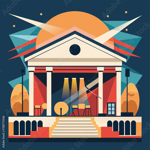 Illustration of a contemporary building with a stage set up in front for performances or events A sophisticated music venue with a minimalist design and top-notch acoustics
