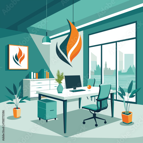 A contemporary office space featuring a desk and chair with clean lines and minimalistic design Contemporary office space with clean lines and minimalistic furniture
