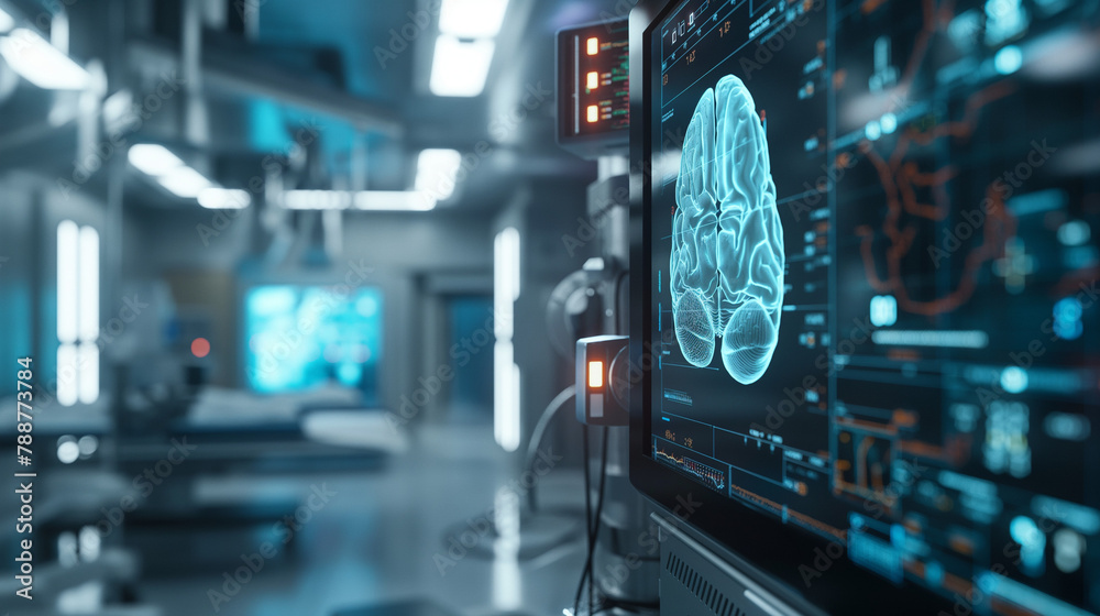 High-tech medical monitors displaying brain activity and real-time data in the background, futuristic hospital environment, blurred patient room environment