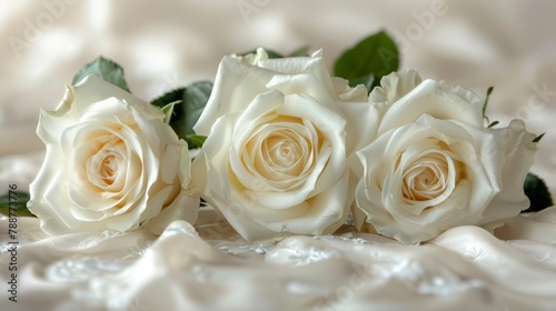   White roses atop a white bedspread  adorned with green leafy tops