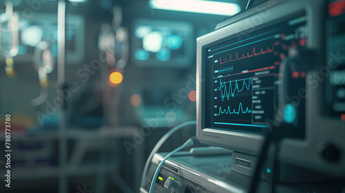 High-tech medical monitors displaying cardiac activity and real-time data in the background, a futuristic hospital setting