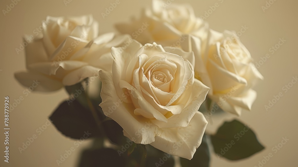 A table holds two vases, each brimming with white roses A table holds two vases, each brimming with white roses