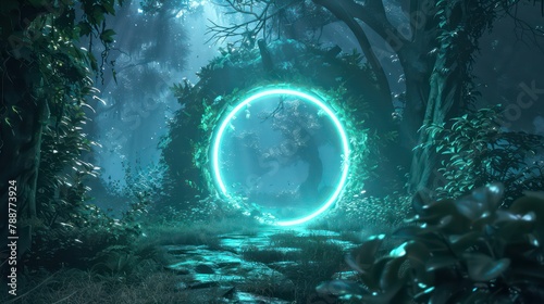 Fototapeta Naklejka Na Ścianę i Meble -  Magic portal door in fantasy forest game world  background. Green neon gate light in futuristic enchanted mirror