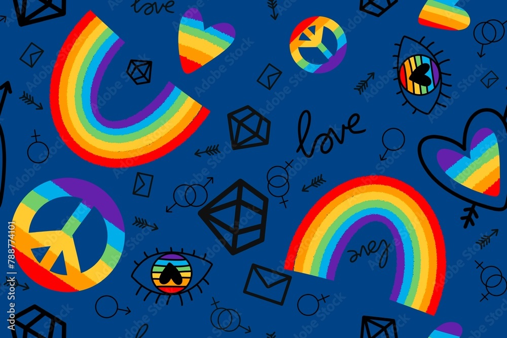 Fototapeta premium Lgbtq rainbow pride seamless love and eyes and peace sign pattern for wrapping paper and fabrics and linens