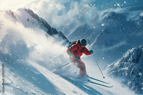 Skier Descending Snowy Mountain Slope.