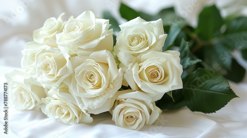   A white rose bouquet atop crisp white sheets  accompanied by a green  leafy twig
