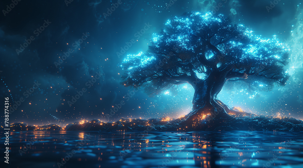 Enigmatic Blue Tree with Glowing Particles