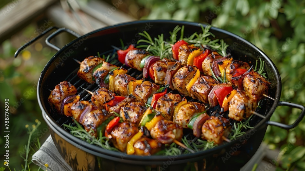   A close-up of a grill with chicken and vegetables on skewers