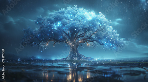 Enigmatic Blue Tree with Glowing Particles
