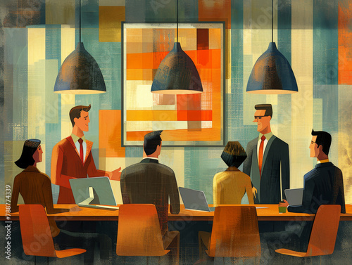 Illustration, business and people in meeting at boardroom with collaboration or teamwork on company growth and strategy. Painting, office and corporate as partners or shareholder and brainstorm