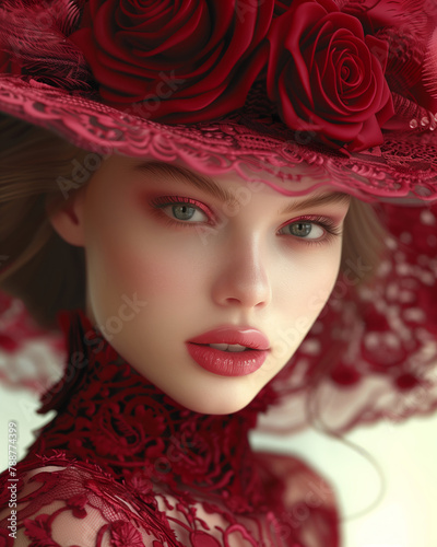 Elegant Woman with Roses Hat and Lace Dress.