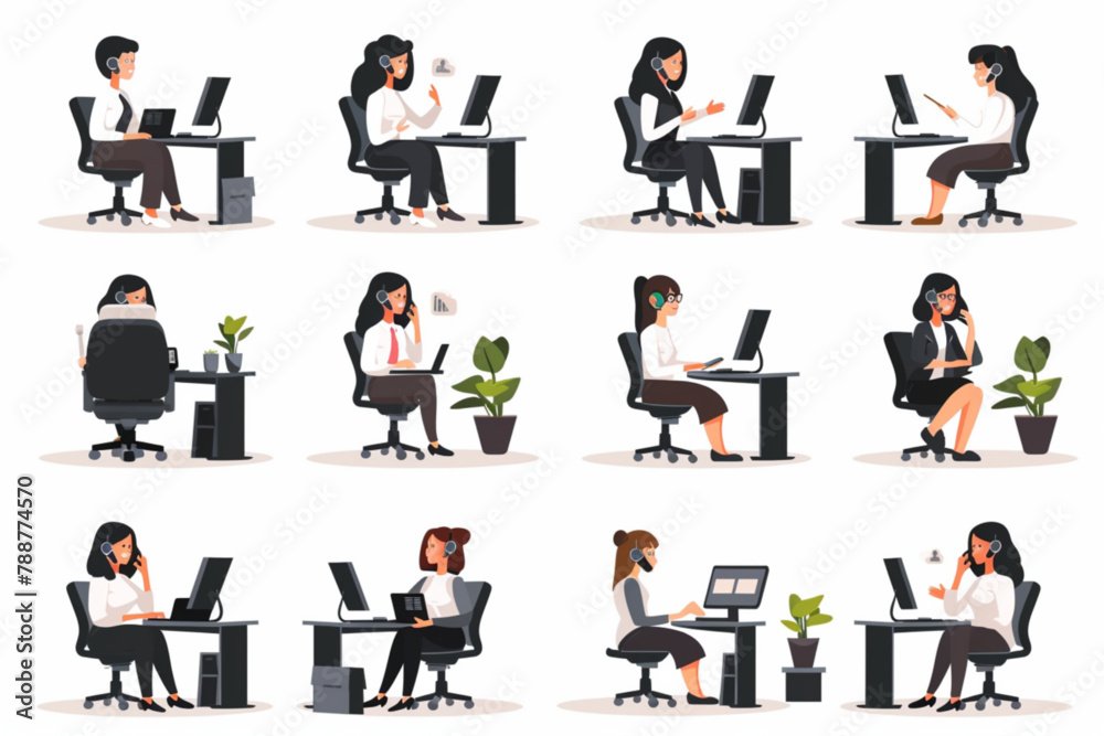 
Business woman, entrepreneur or company employee sits at desktop PC and talks on the phone in the office 3D avatars set vector icon, white background, black colour icon