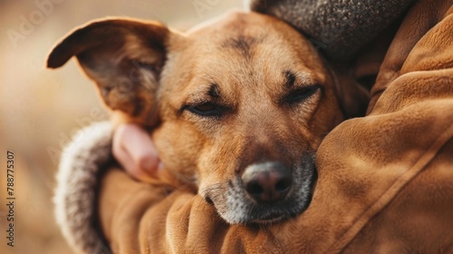 A brown dog in a person s arms with its head resting on the shoulder  AI