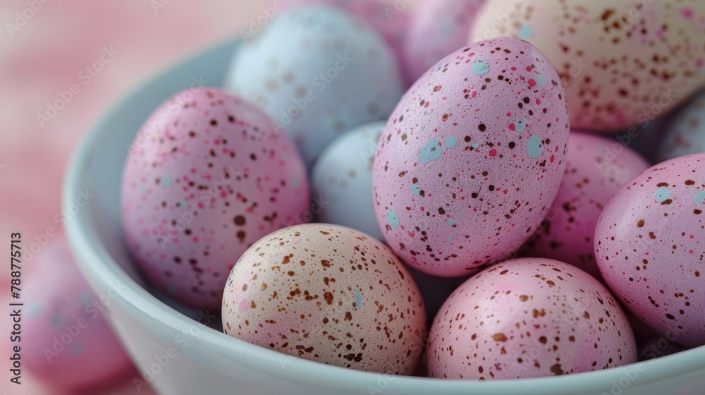   A bowl holding speckled eggs atop a pink-and-blue tablecloth, backed by a pink-and-white one