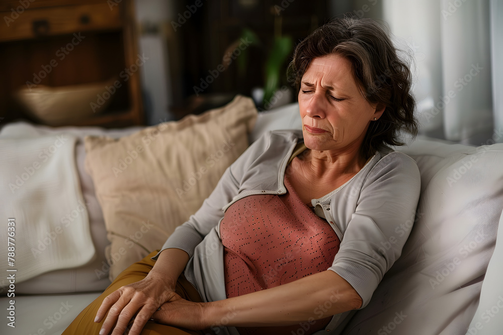 Obraz premium Menopause. Woman suffering from abdominal pain on sofa at home, space for text