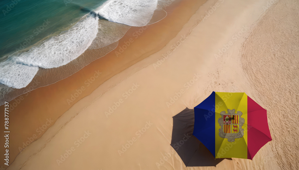 Naklejka premium An aerial vista of a sandy beach with gentle ocean waves, featuring a beach umbrella adorned with the Andorra flag. Ideal for Andorra tourists seeking seaside relaxation