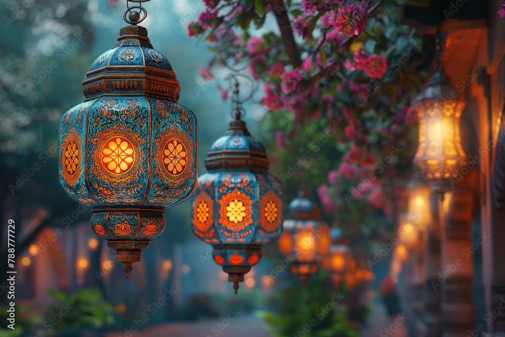 Beautiful orental lanterns with burning candles in the garden. Muslim background, arabic lantern