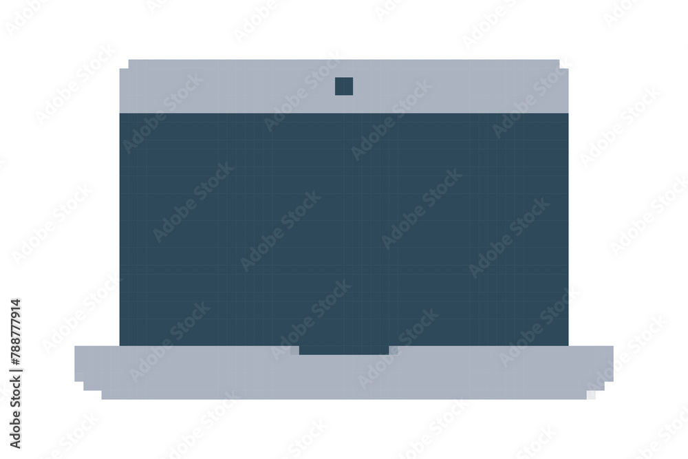 Pixel gaming laptop with screen. 8-bit personal computer with display on a white background. Technology. 90s style. Color image. Isolated object. Retro Flat style. Vector illustration Pixel gaming laptop with screen. 8-bit personal computer with display on a white background. Technology. 90s style. Color image. Isolated object. Retro Flat style. Vector illustration
