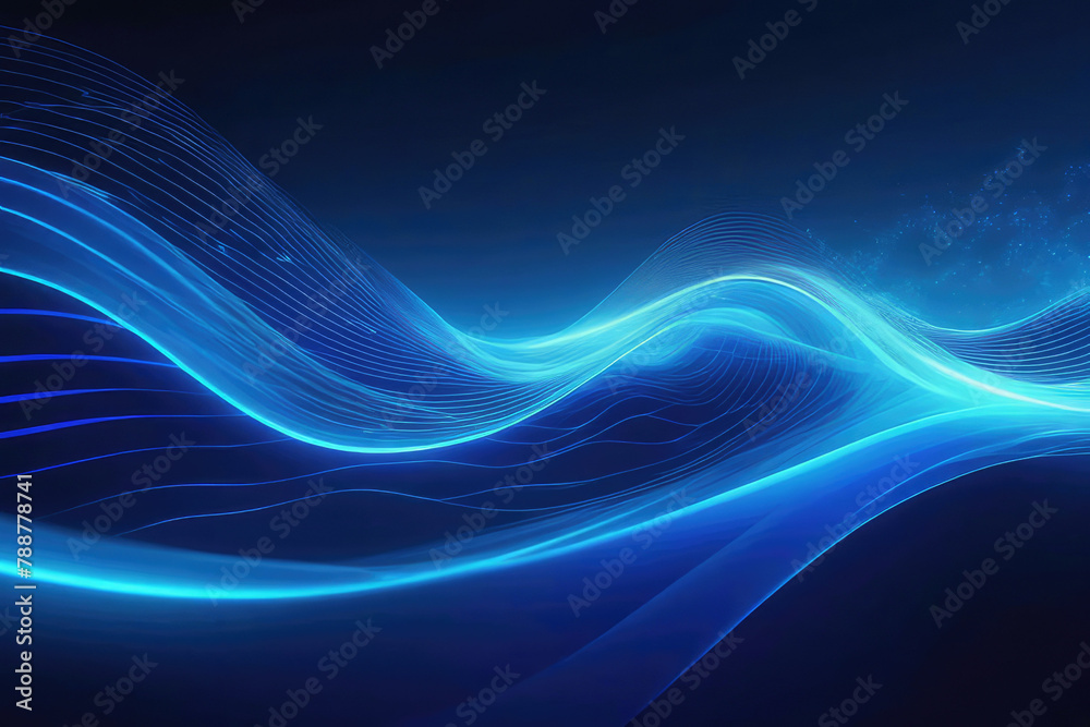 Naklejka premium Abstract wave, sweeping across a futuristic background, interplay of electric blue light, digital effect giving life to corporate concept, nature inspired, flowing lines, interconnectedness