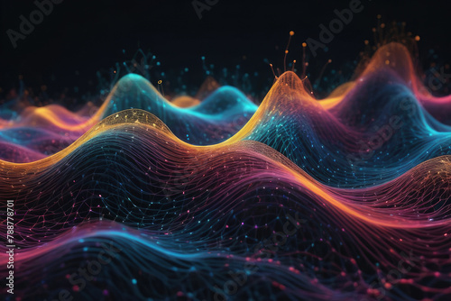 Abstract wave rippling across an inky expanse, network design intertwining with particles symbolizing big data, bright shine piercing through the darkness, 3D rendered, octane rendering, vivid colors photo