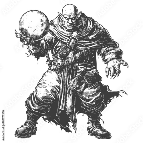 orc mage with magical orb full body images using Old engraving style