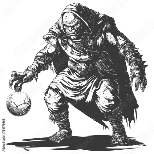 orc mage with magical orb full body images using Old engraving style