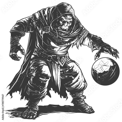 orc mage with magical orb full body images using Old engraving style