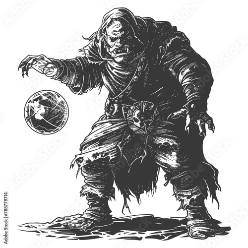 orc mage with magical orb full body images using Old engraving style