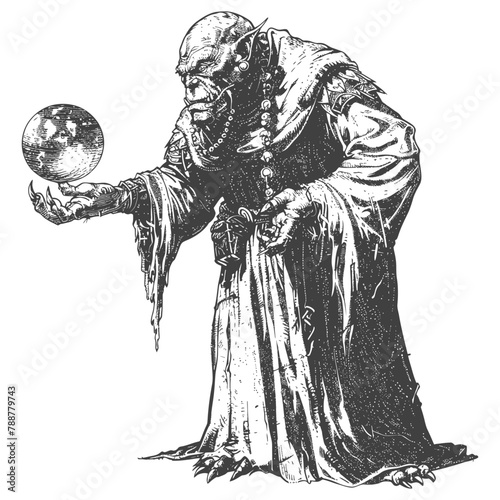 orc mage with magical orb full body images using Old engraving style