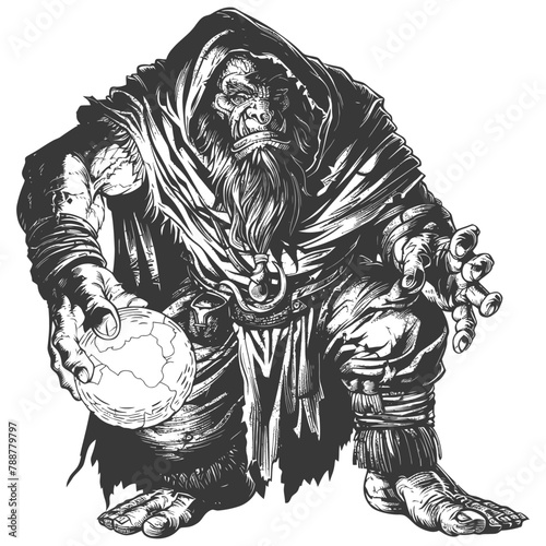 orc mage with magical orb full body images using Old engraving style