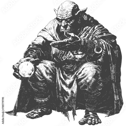 orc mage with magical orb full body images using Old engraving style