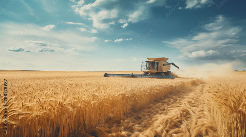 Fototapeta premium A combine in a wheat field.