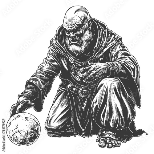 orc mage with magical orb full body images using Old engraving style