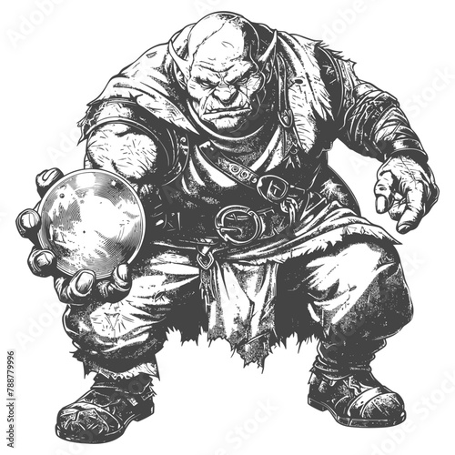 orc mage with magical orb full body images using Old engraving style