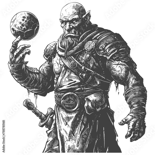 orc mage with magical orb full body images using Old engraving style