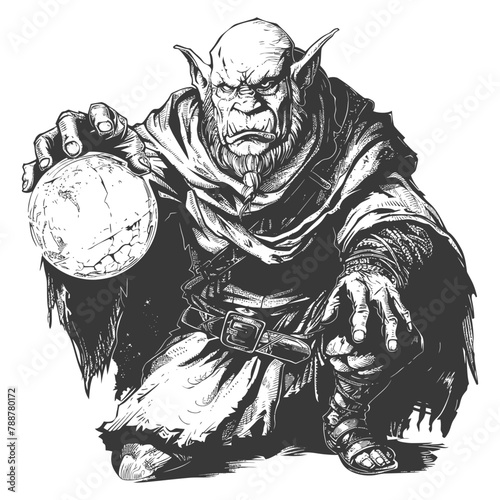 orc mage with magical orb full body images using Old engraving style
