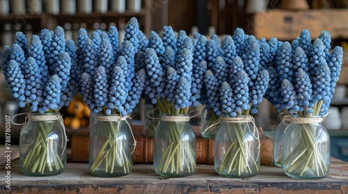   A collection of vases holding blue blossoms atop a wooden table  before a bookshelf