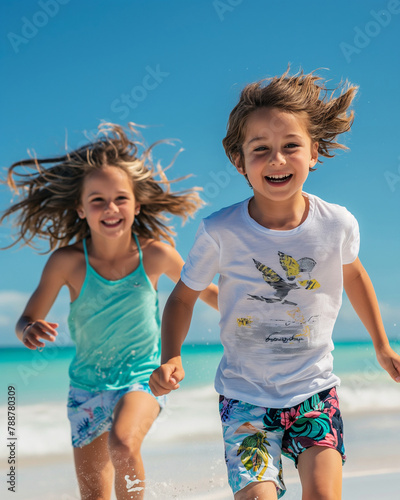 Happy family portrait  enjoying beach time photo