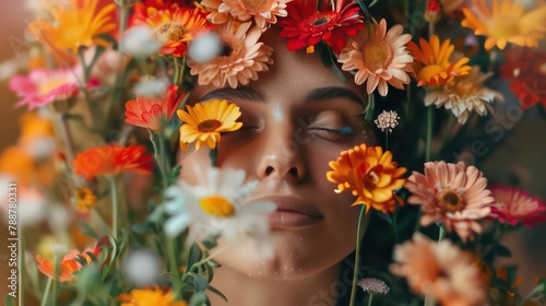 Woman with her head covered with flowers. Mental health  psychological treatment concept