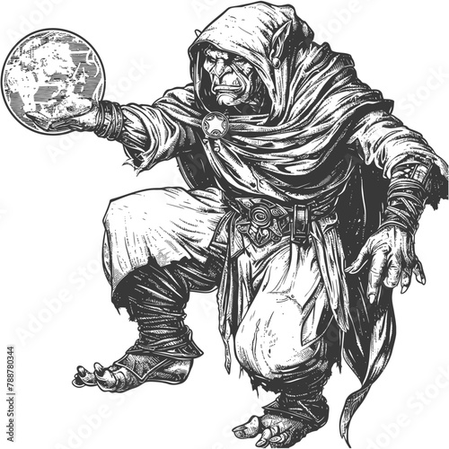 orc mage with magical orb full body images using Old engraving style