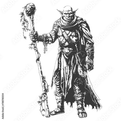 orc mage with magical staff full body images using Old engraving style