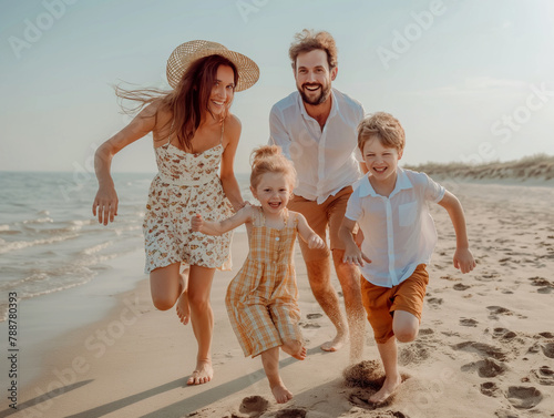 Happy family portrait  enjoying beach time photo
