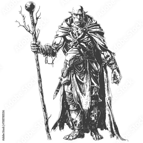 orc mage with magical staff full body images using Old engraving style