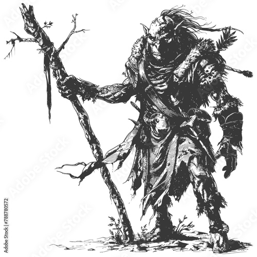 orc mage with magical staff full body images using Old engraving style